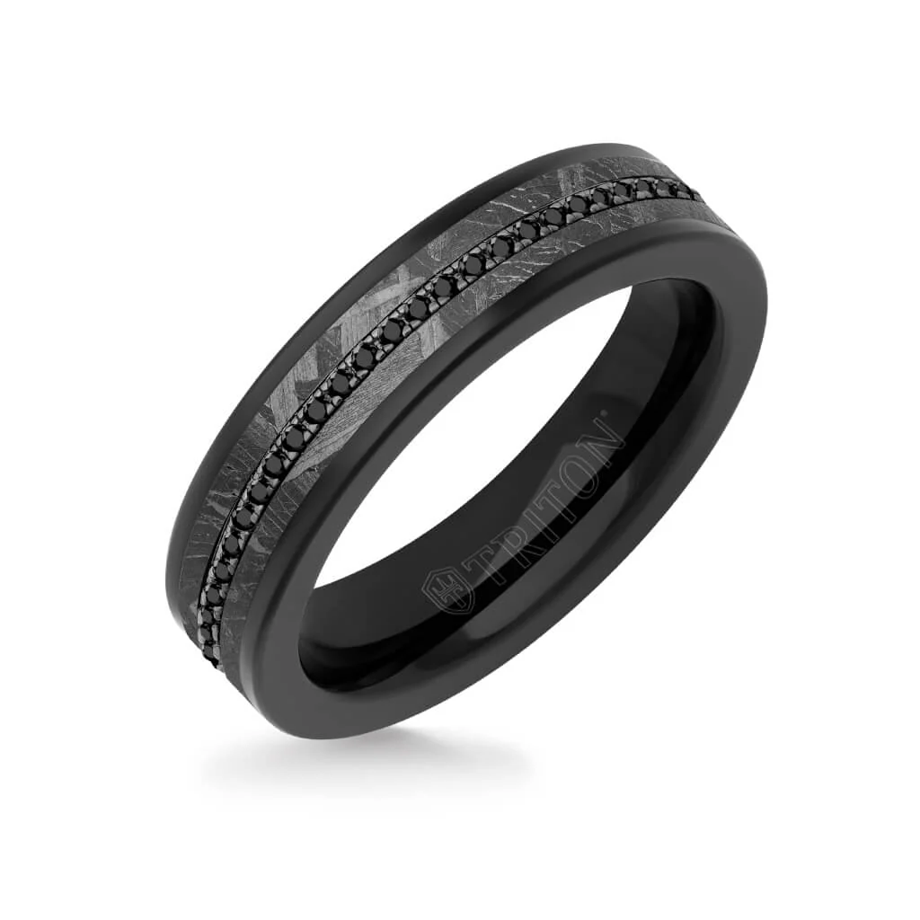 5.5MM Tungsten Carbide Ring - Meteorite Inlay with Eternity Black Sapphires and Flat Edge - Image 2