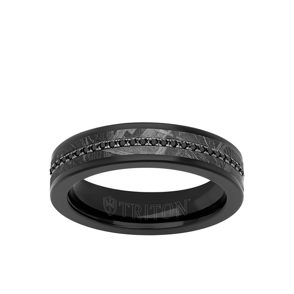 5.5MM Tungsten Carbide Ring - Meteorite Inlay with Eternity Black Sapphires and Flat Edge - Image 3