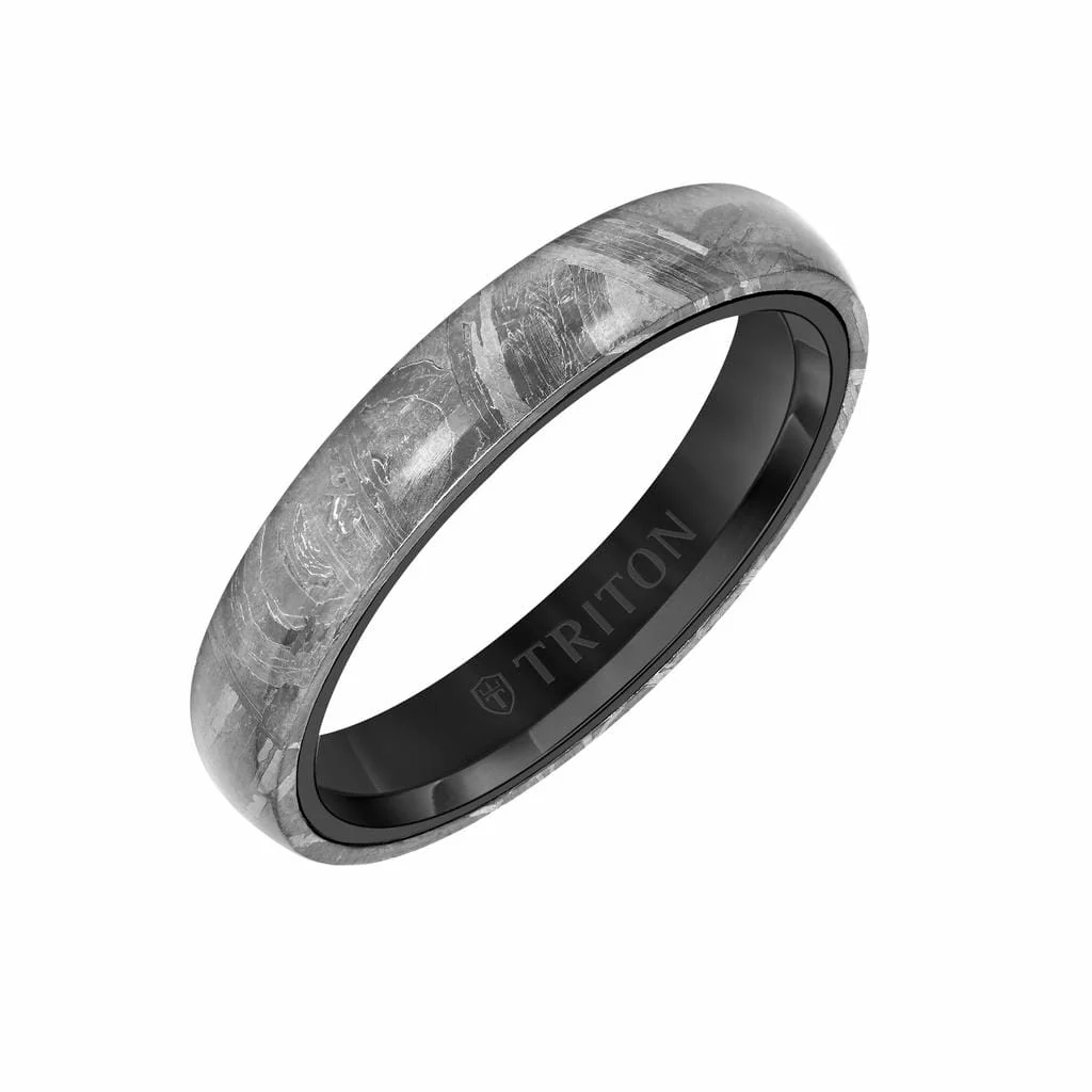 5MM Black Tungsten Carbide Ring - Meteorite Low Dome with Flat Edge - Image 2