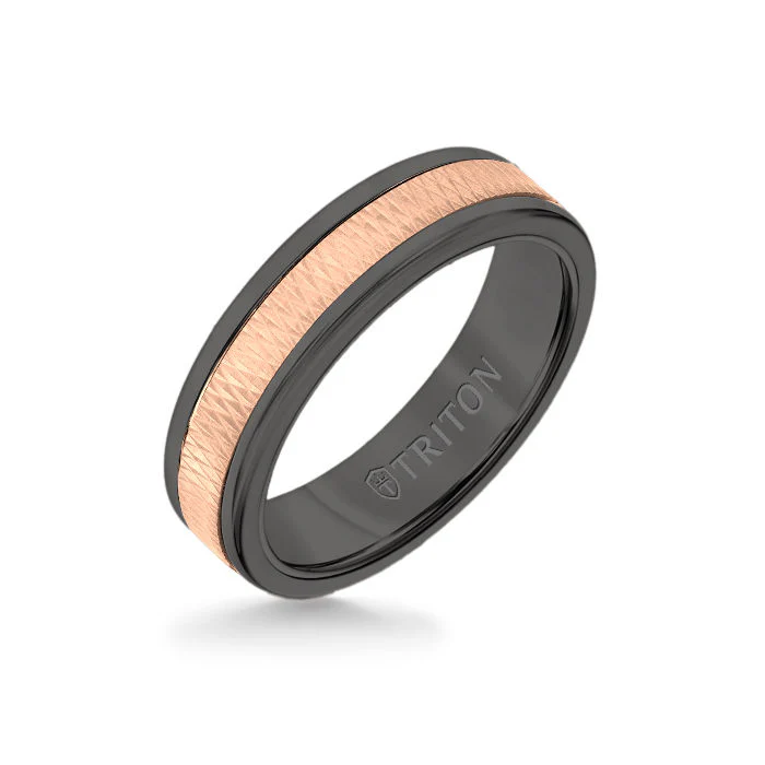 6MM Black Tungsten Carbide Ring - Criss Cross 14K Rose Gold Insert with Round Edge