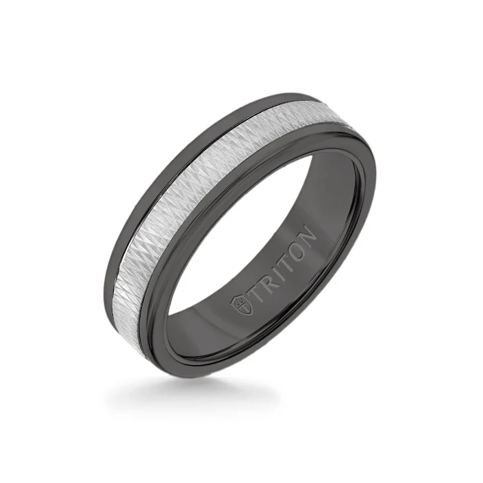 6MM Black Tungsten Carbide Ring - Criss Cross 14K White Gold Insert with Round Edge