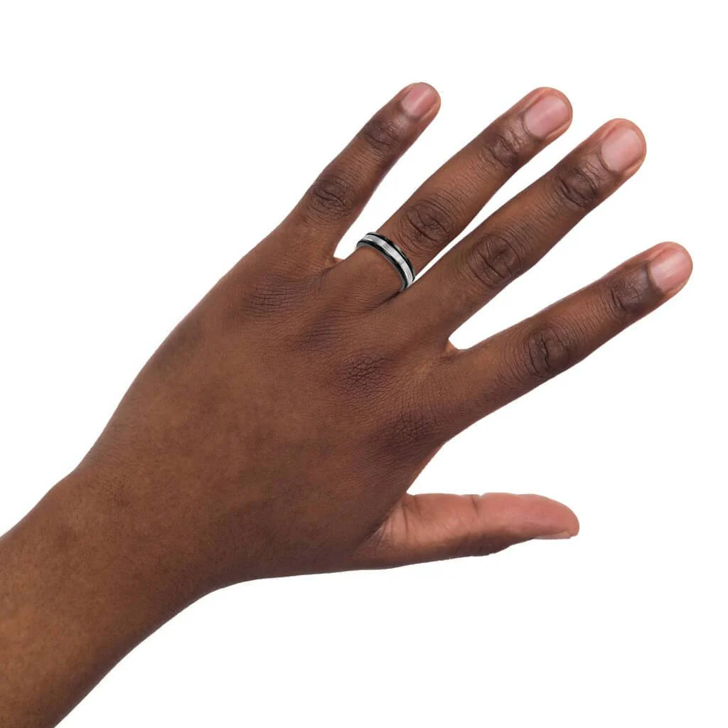6MM Black Tungsten Carbide Ring - Serrated Vertical Cut 14K White Gold Insert with Round Edge - Image 2