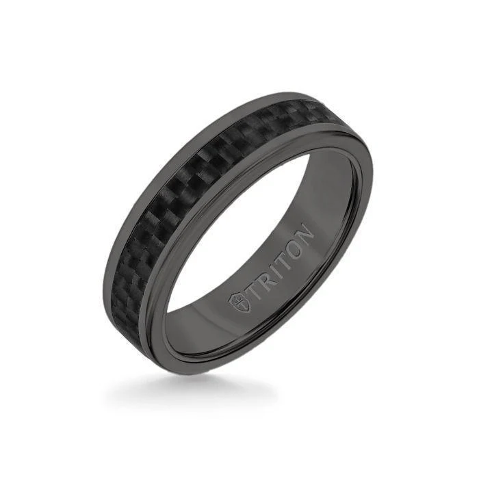 6MM Black Tungsten Carbide Ring - Twill Carbon Fiber Insert with Round Edge