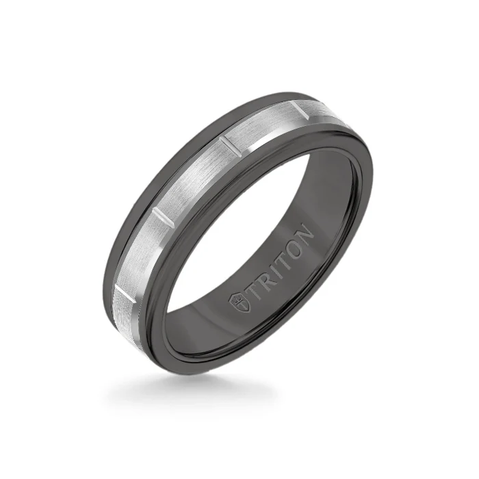 6MM Black Tungsten Carbide Ring - Vertical Cut 14K White Gold insert with Round Edge