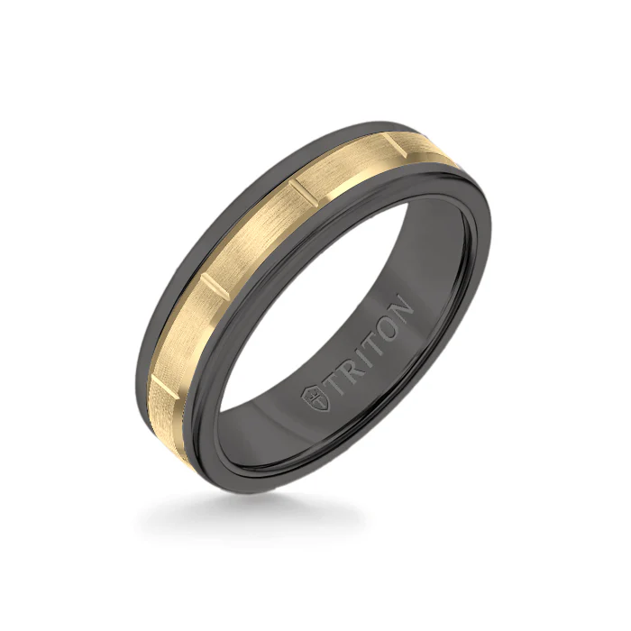 6MM Black Tungsten Carbide Ring - Vertical Cut 14K Yellow Gold insert with Round Edge