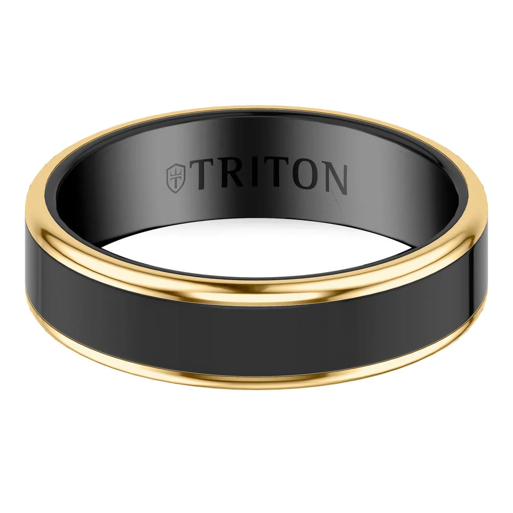 6MM Contemporary Black Tungsten Carbide Ring with Yellow Edge and Polished Flat Edge Profile