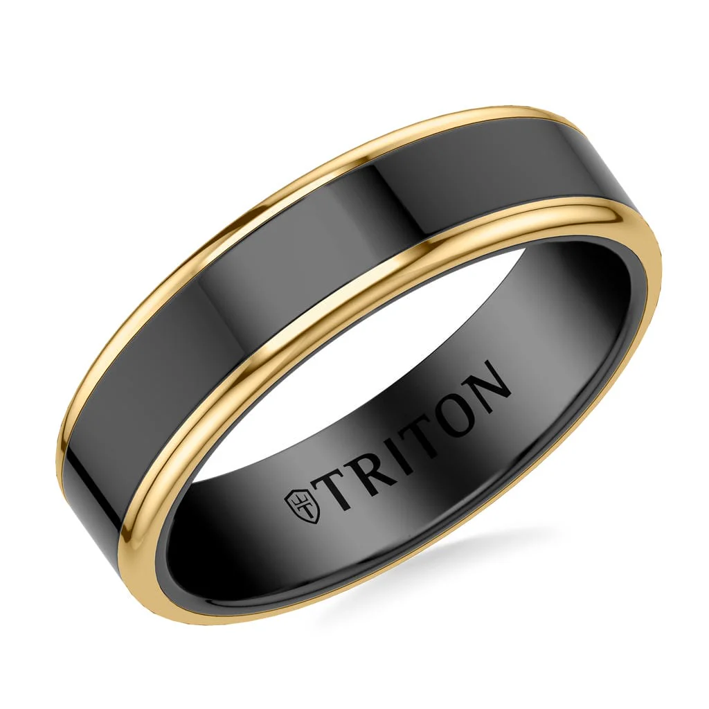 6MM Contemporary Black Tungsten Carbide Ring with Yellow Edge and Polished Flat Edge Profile - Image 2