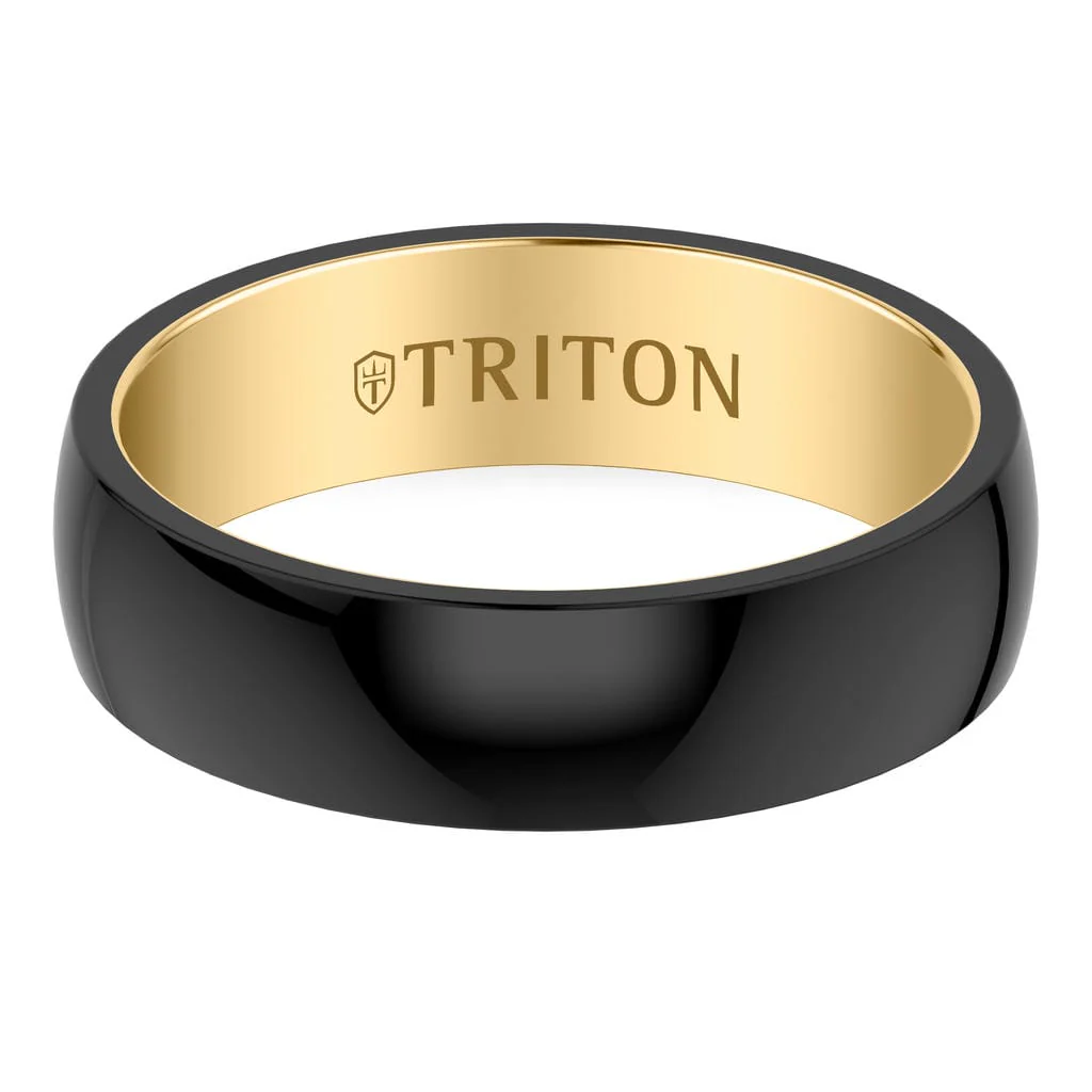 6MM Contemporary Black Tungsten Carbide Ring with Yellow Interior Base and Low Dome Profile