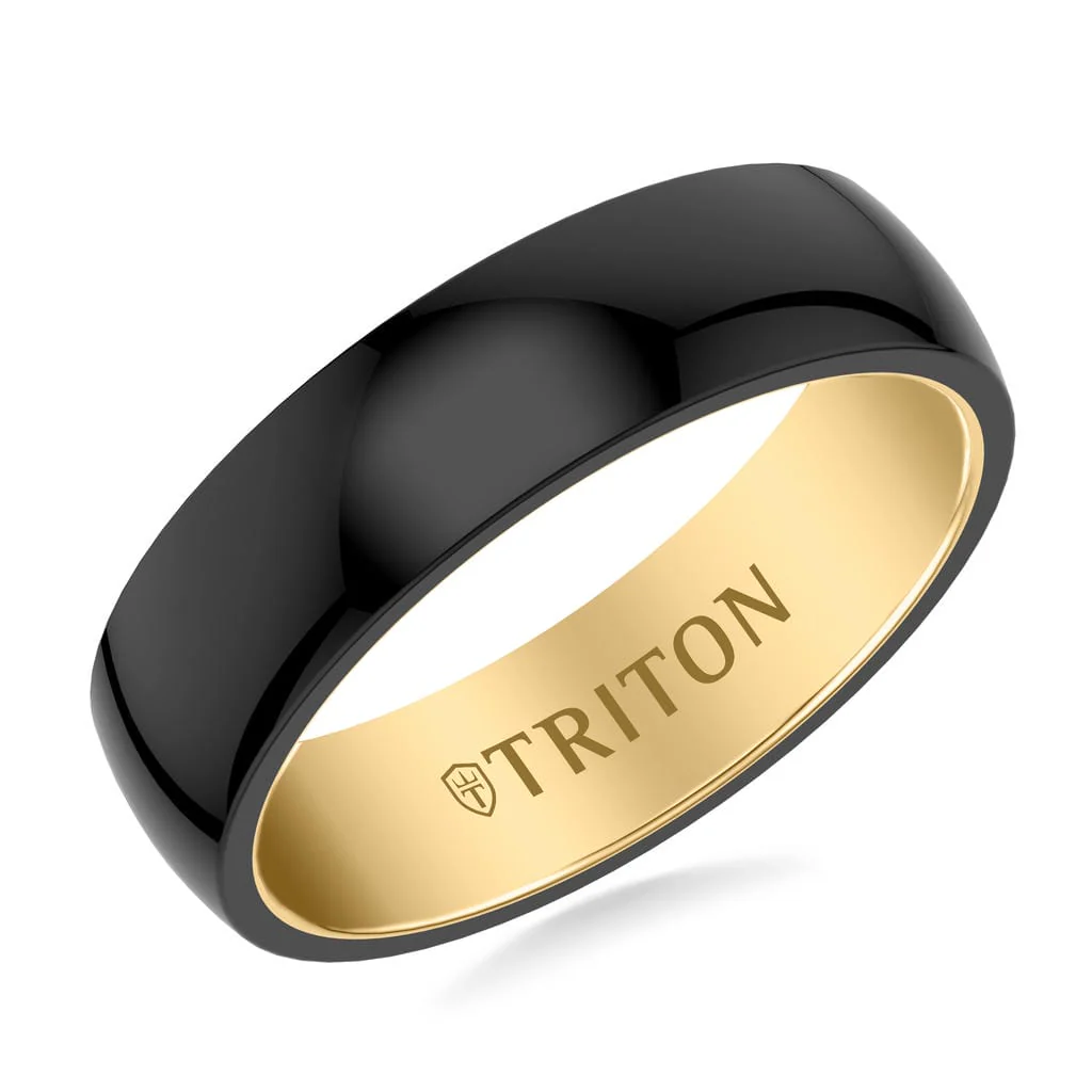 6MM Contemporary Black Tungsten Carbide Ring with Yellow Interior Base and Low Dome Profile - Image 2