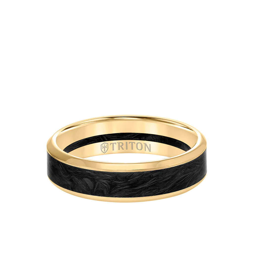 6MM 14K Gold Ring + Forged Carbon - Channel Center & Bevel Edge