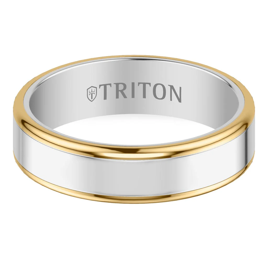 6MM Contemporary Gray Tungsten Carbide Ring with Yellow Edge and Polished Flat Edge Profile