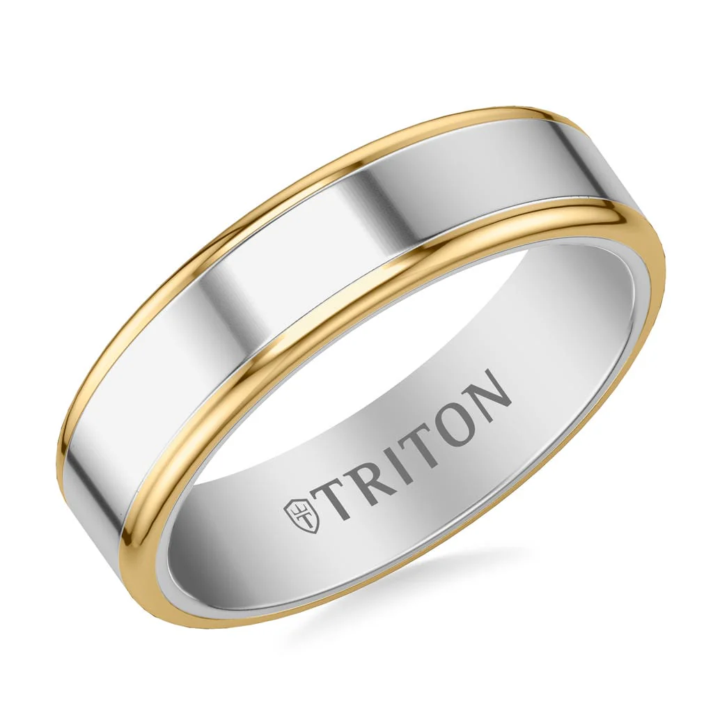 6MM Contemporary Gray Tungsten Carbide Ring with Yellow Edge and Polished Flat Edge Profile - Image 2