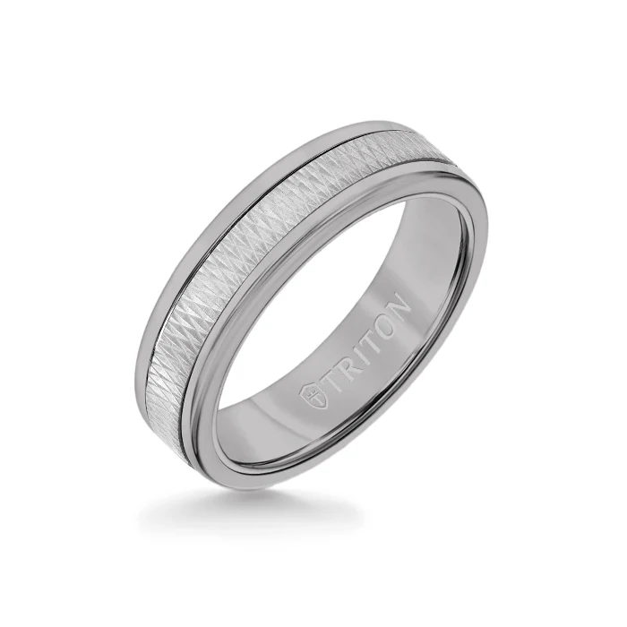 6MM Grey Tungsten Carbide Ring - Criss Cross 14K White Gold Insert with Round Edge
