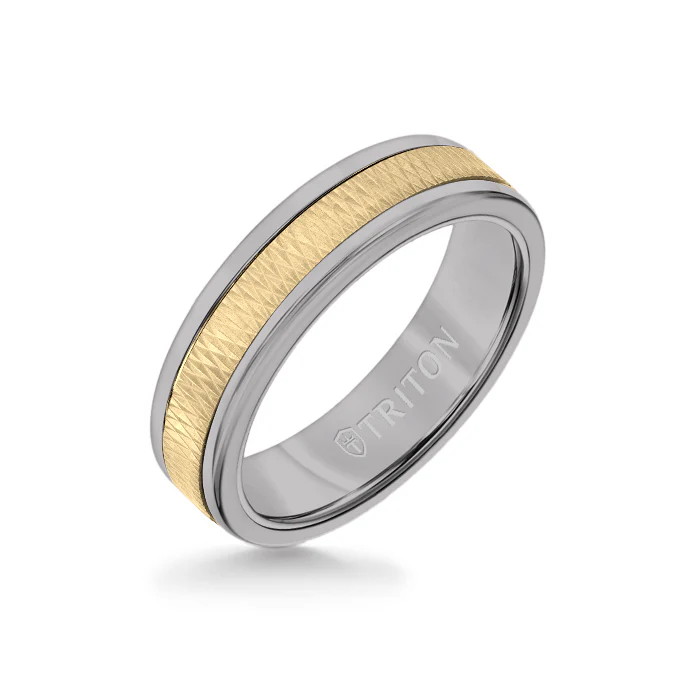 6MM Grey Tungsten Carbide Ring - Criss Cross 14K Yellow Gold Insert with Round Edge