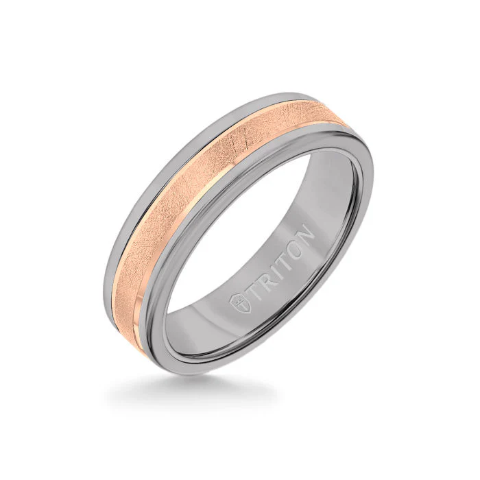 6MM Grey Tungsten Carbide Ring - Crystalline 14K Rose Gold Insert with Round Edge