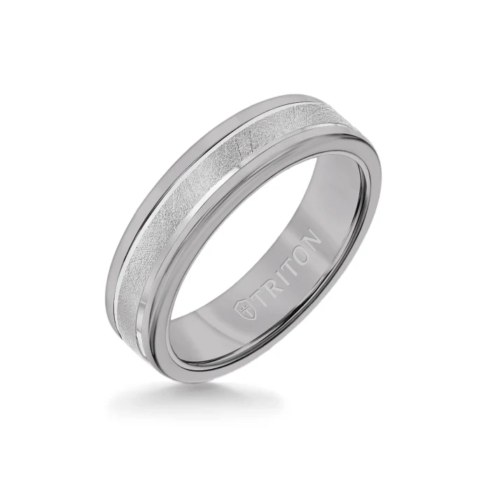6MM Grey Tungsten Carbide Ring - Crystalline 14K White Gold Insert with Round Edge
