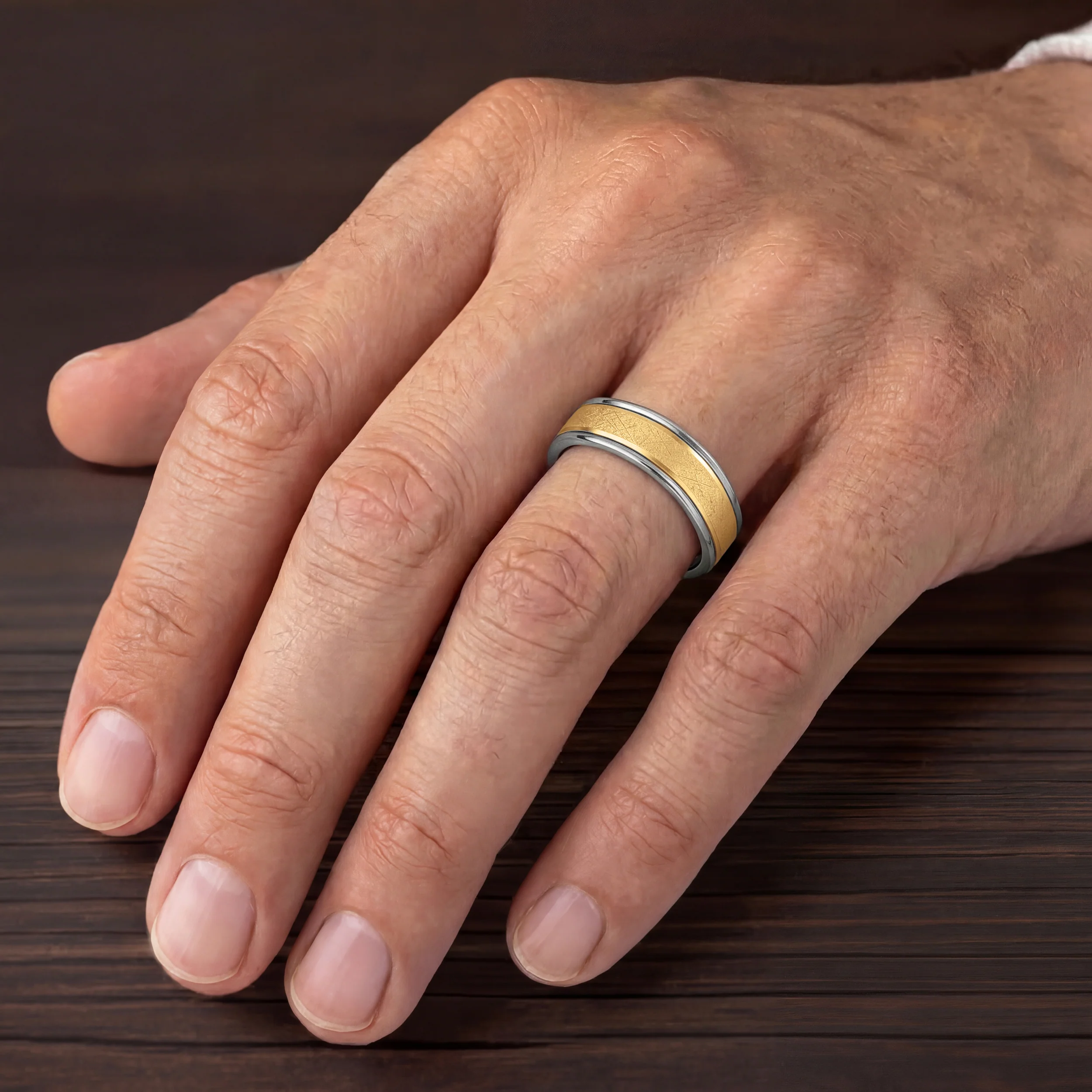 8MM Grey Tungsten Carbide Ring - Crystalline 14K Yellow Gold Insert with Round Edge - Image 2