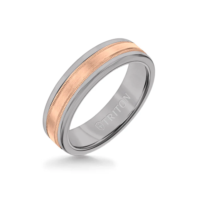 6MM Grey Tungsten Carbide Ring - Flat Milgrain 14K Rose Gold Insert with Round Edge