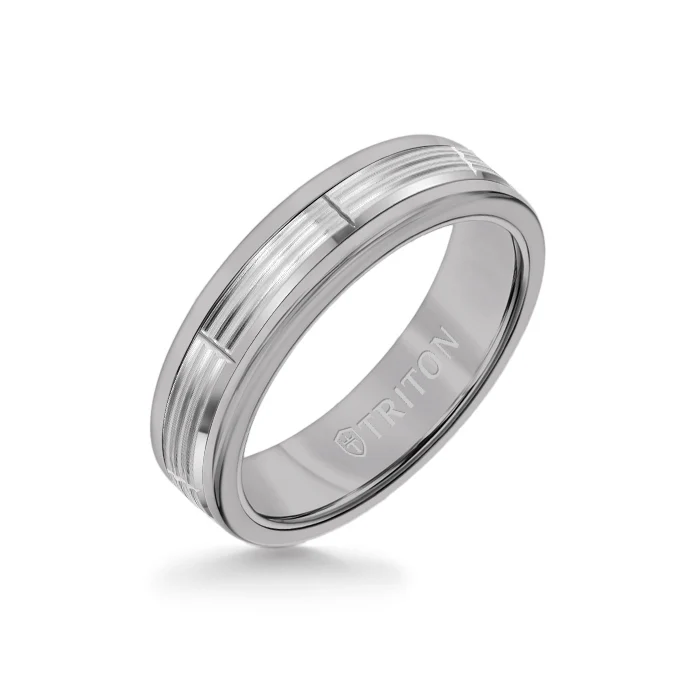 6MM Grey Tungsten Carbide Ring - Serrated Vertical Cut 14K White Gold Insert with Round Edge
