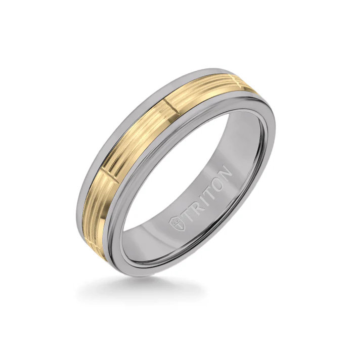 6MM Grey Tungsten Carbide Ring - Serrated Vertical Cut 14K Yellow Gold Insert with Round Edge