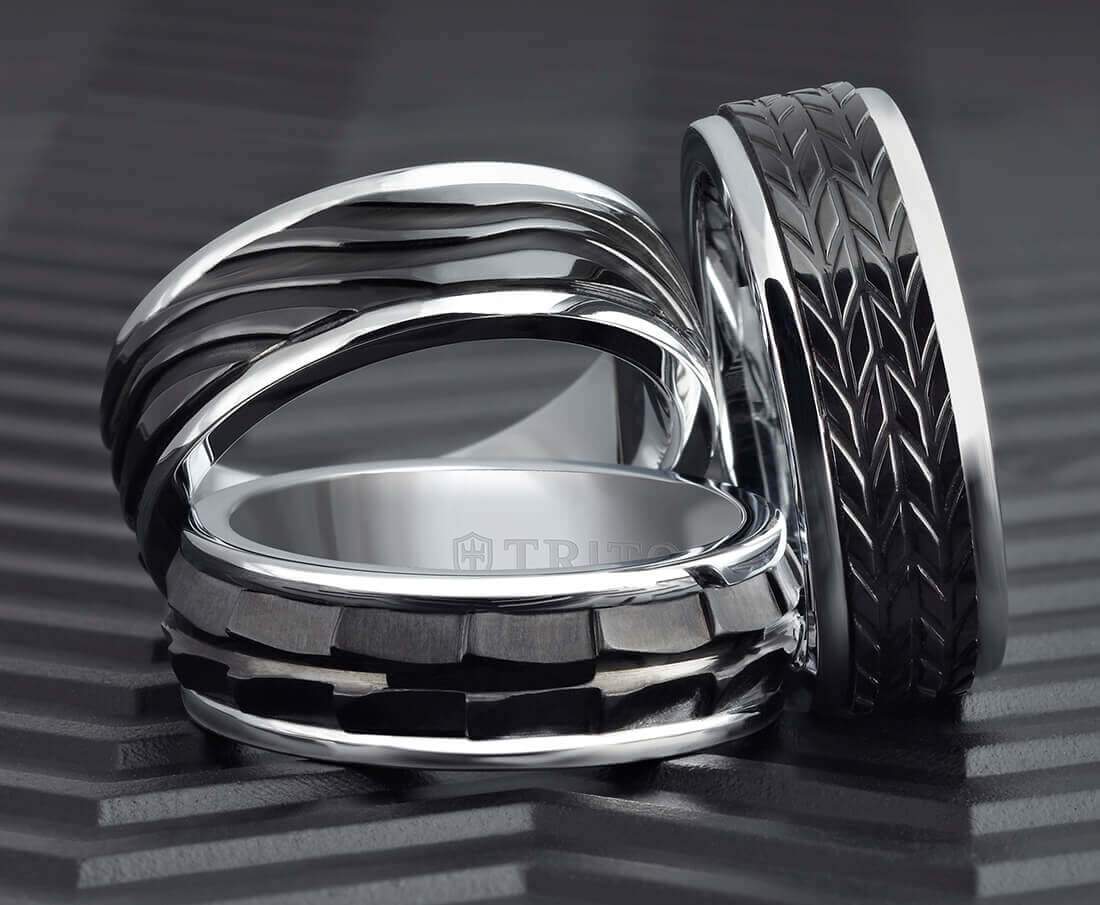 6MM Grey Tungsten Carbide Ring - Tire Tread Black Titanium Insert with Round Edge - Image 3