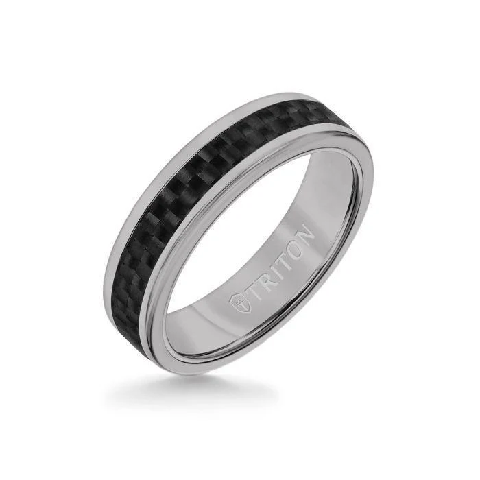 6MM Grey Tungsten Carbide Ring - Twill Carbon Fiber Insert with Round Edge