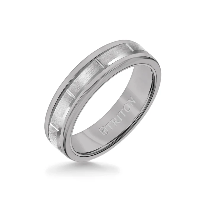 6MM Grey Tungsten Carbide Ring - Vertical Cut 14K White Gold insert with Round Edge