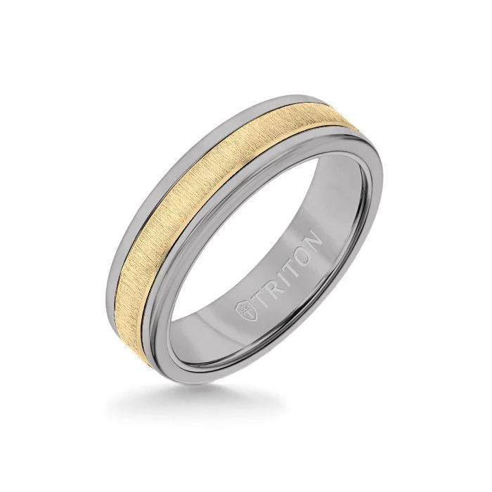 6MM Grey Tungsten Carbide Ring - Vertical Satin 14K Yellow Gold Insert with Round Edge