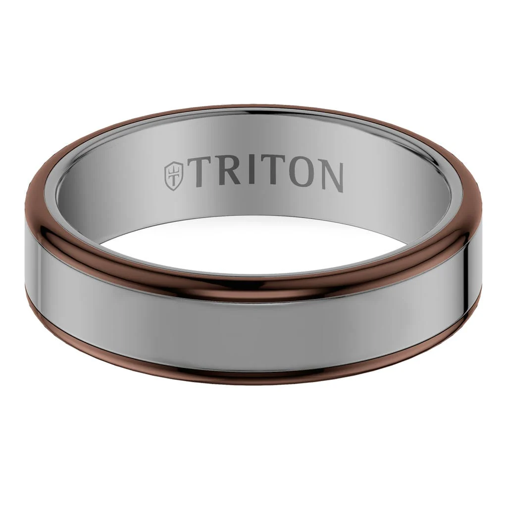 6MM Contemporary Gunmetal Grey Tungsten Carbide Ring with Espresso Edge and Polished Flat Edge Profile