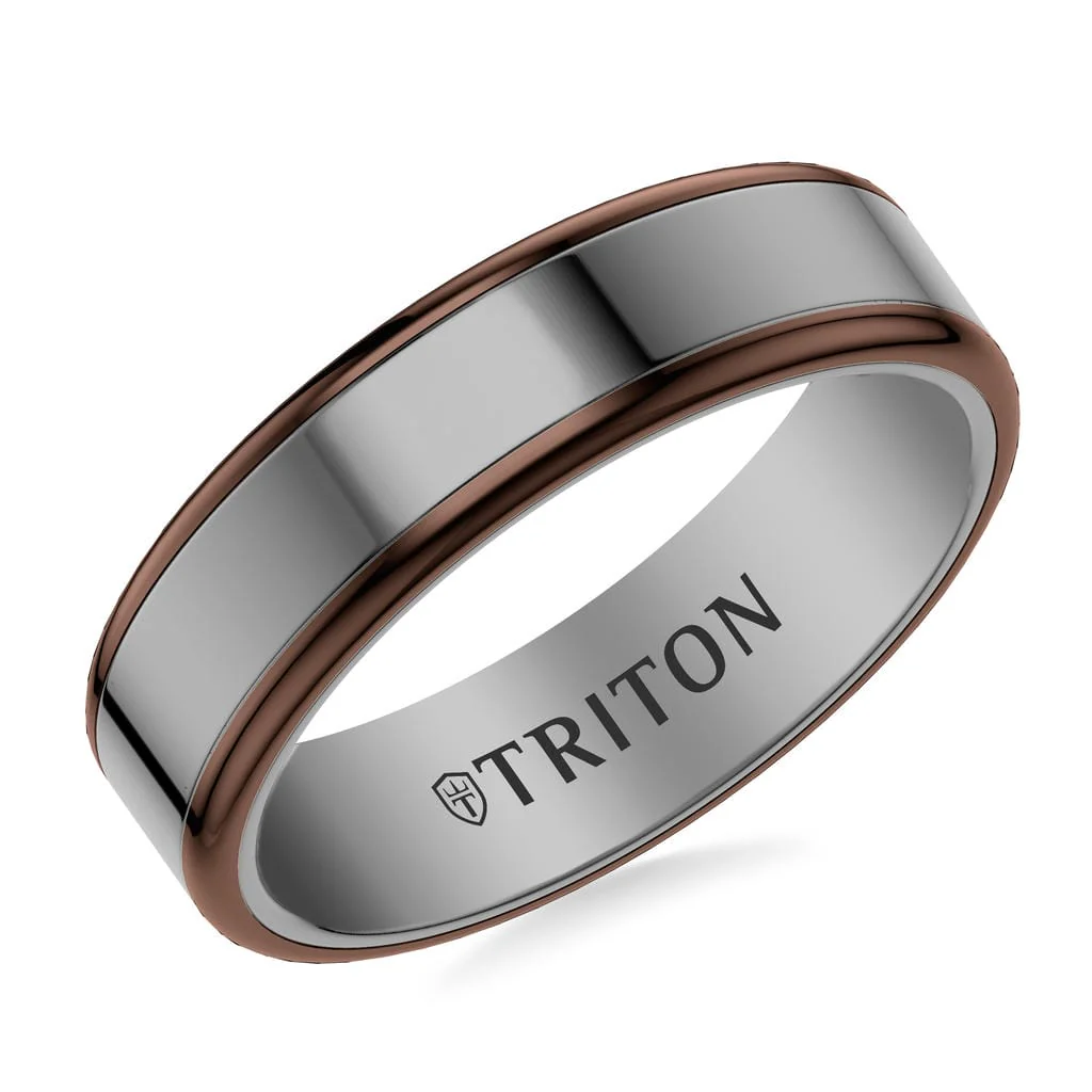 6MM Contemporary Gunmetal Grey Tungsten Carbide Ring with Espresso Edge and Polished Flat Edge Profile - Image 2
