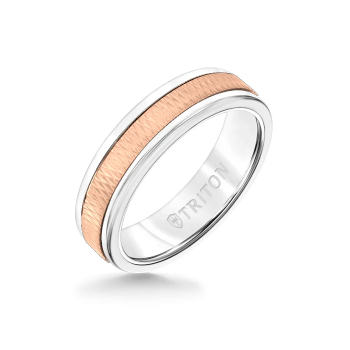 6MM White Tungsten Carbide Ring - Criss Cross 14K Rose Gold Insert with Round Edge