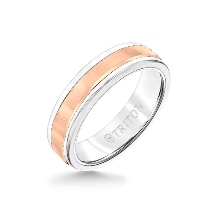 6MM White Tungsten Carbide Ring - Linear 14K Rose Gold Insert with Round Edge