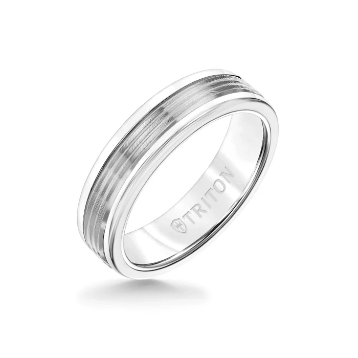 6MM White Tungsten Carbide Ring - Serrated Engraved 14K White Gold Insert with Round Edge