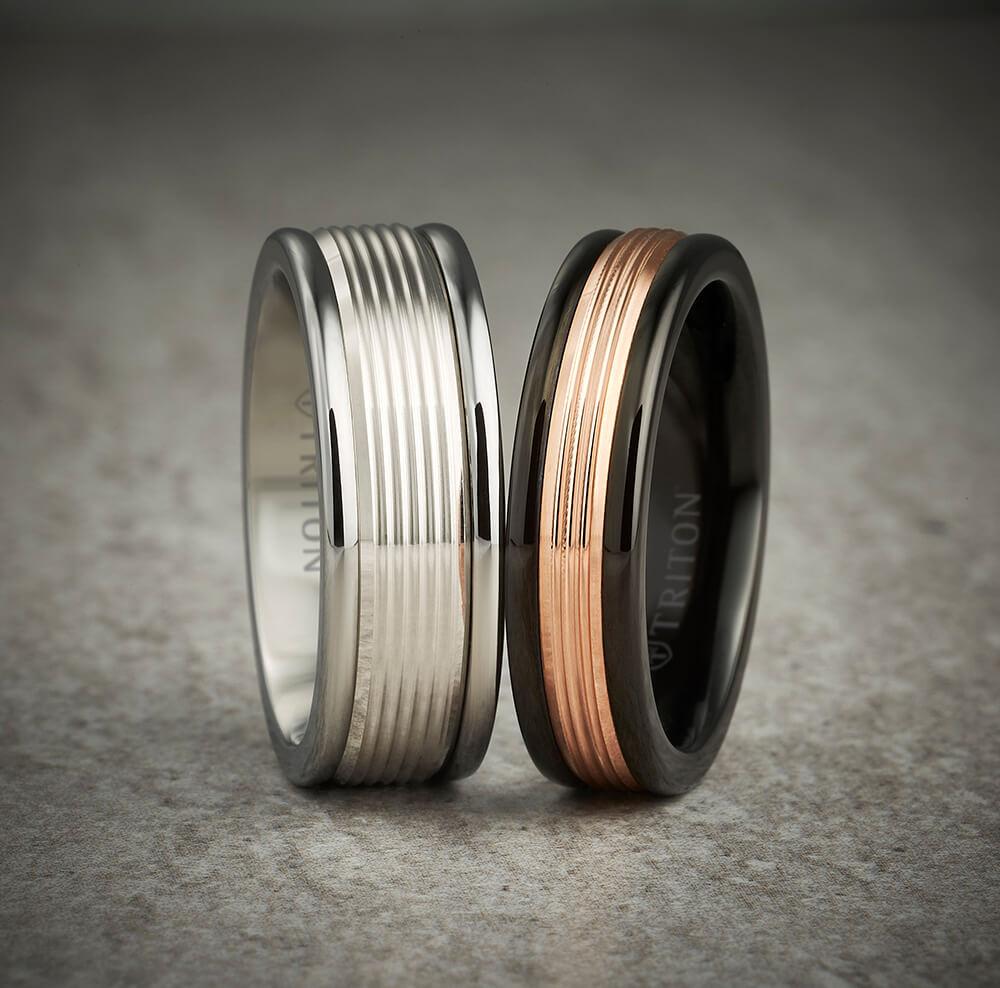 6MM White Tungsten Carbide Ring - Serrated Engraved 14K Yellow Gold Insert with Round Edge - Image 2