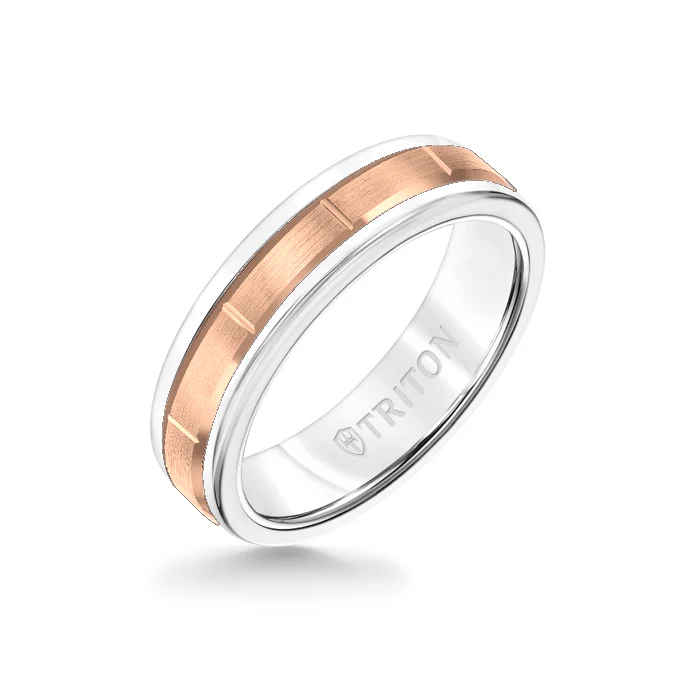 6MM White Tungsten Carbide Ring - Vertical Cut 14K Rose Gold insert with Round Edge