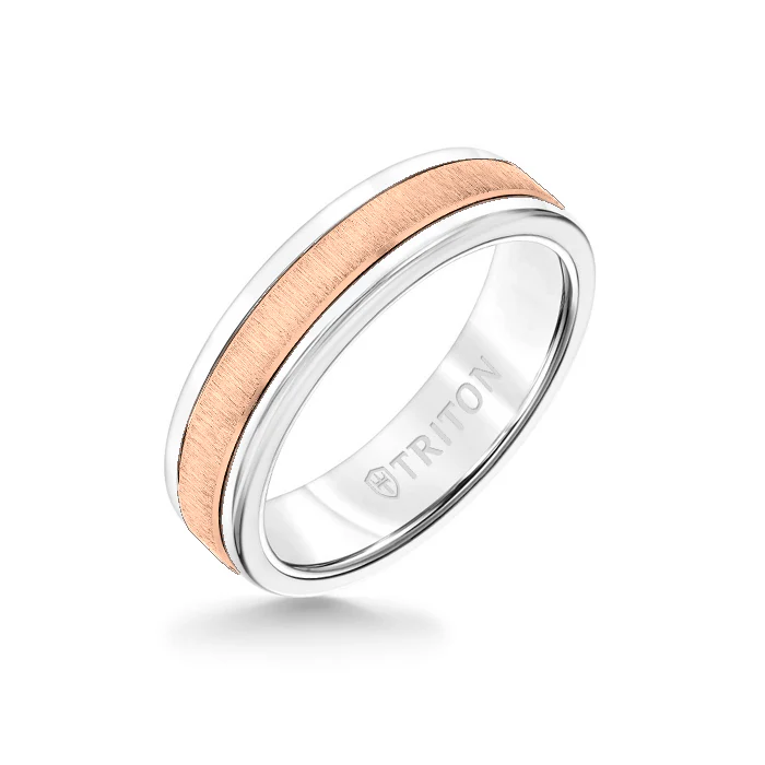 6MM White Tungsten Carbide Ring - Vertical Satin 14K Rose Gold Insert with Round Edge
