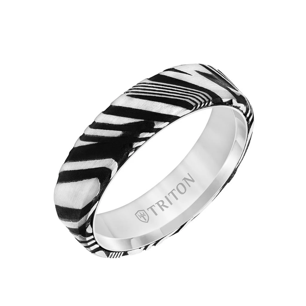 6MM White Tungsten Carbide Ring with Damascus Steel - Image 3