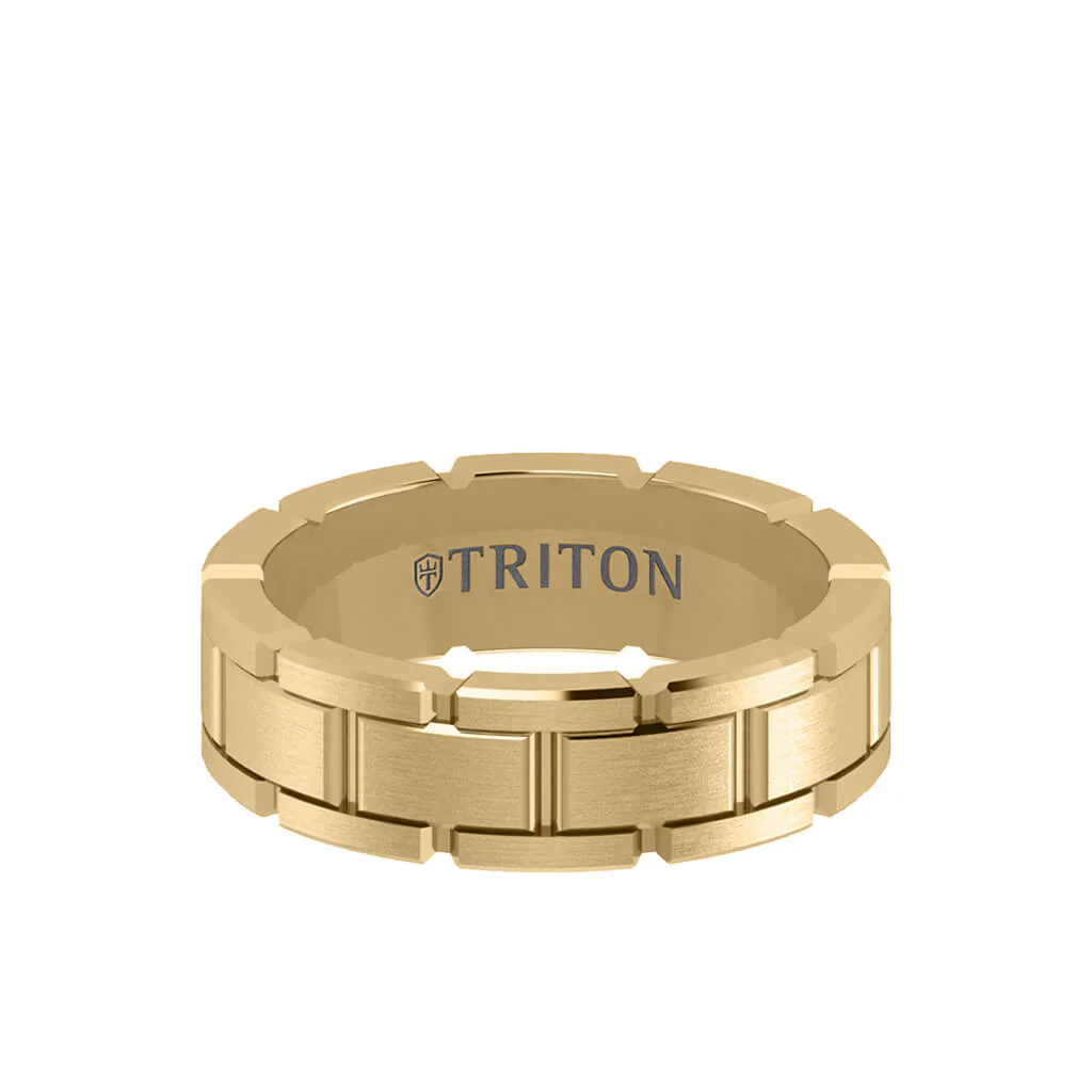 7MM 14K Gold Ring - Satin Finish Link Design and Flat Edge - Image 3