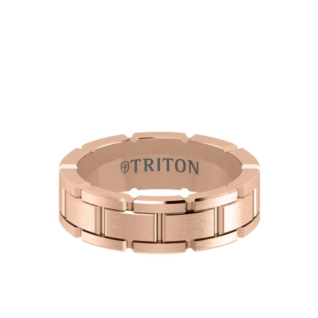 7MM 14K Gold Ring - Satin Finish Link Design and Flat Edge - Image 4
