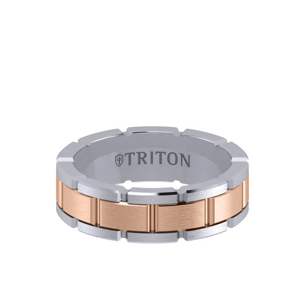 7MM 14K Gold Ring - Satin Finish Link Design and Flat Edge - Image 5