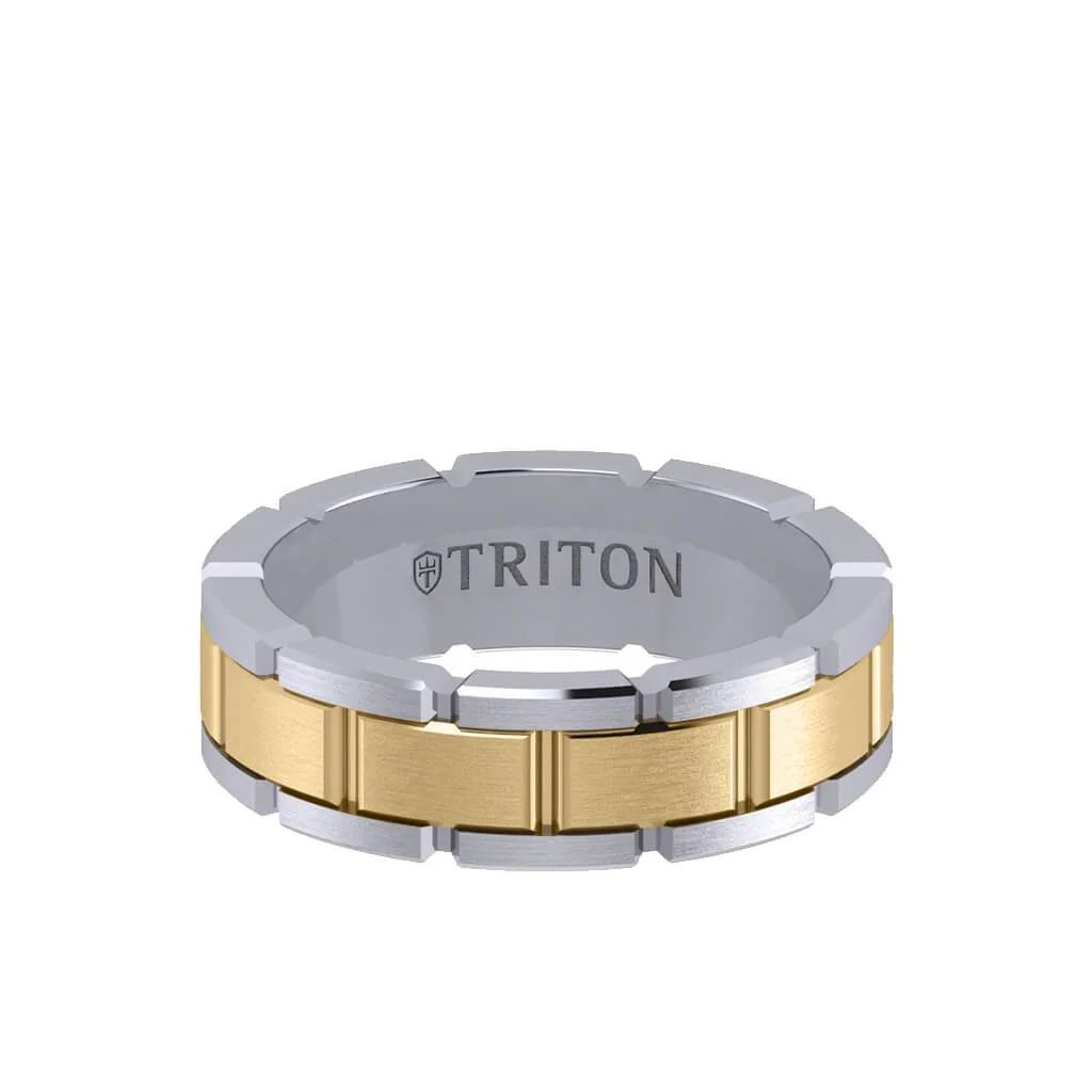 7MM 14K Gold Ring - Satin Finish Link Design and Flat Edge - Image 6