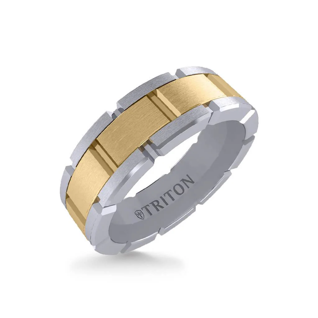 7MM 14K Gold Ring - Satin Finish Link Design and Flat Edge - Image 7