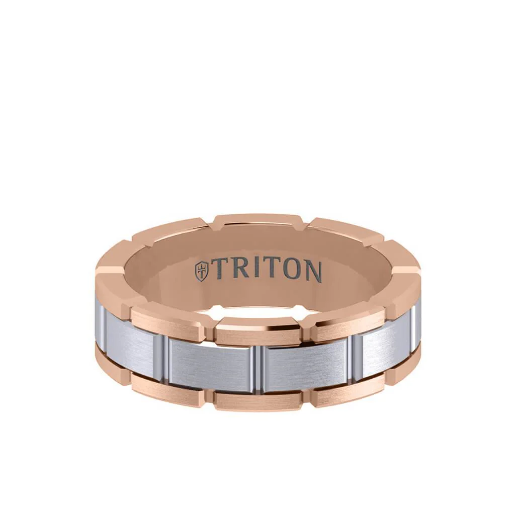 7MM 14K Gold Ring - Satin Finish Link Design and Flat Edge - Image 8