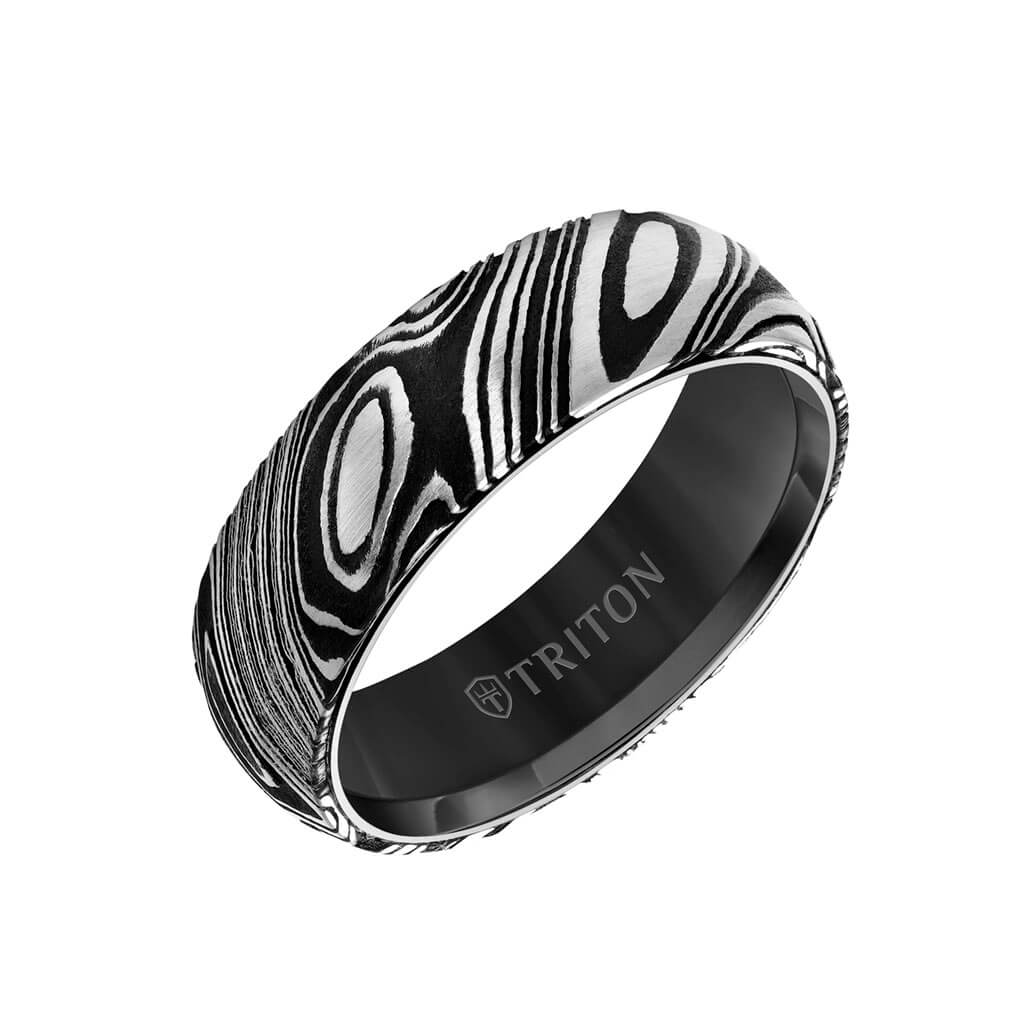 7MM Black Tungsten Carbide Ring with Damascus Steel - Image 3