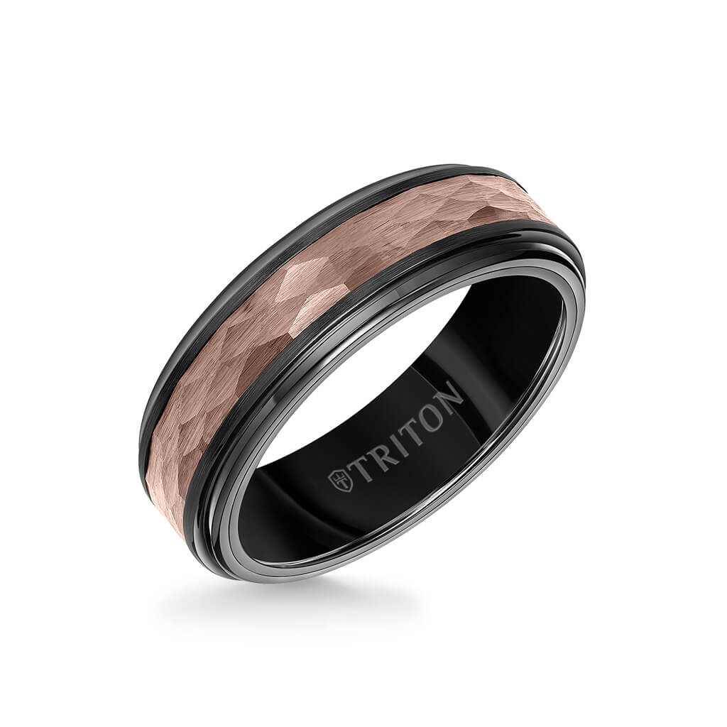 7MM Espresso Tungsten Carbide Ring - Hammered Center and Step Edge - Image 3