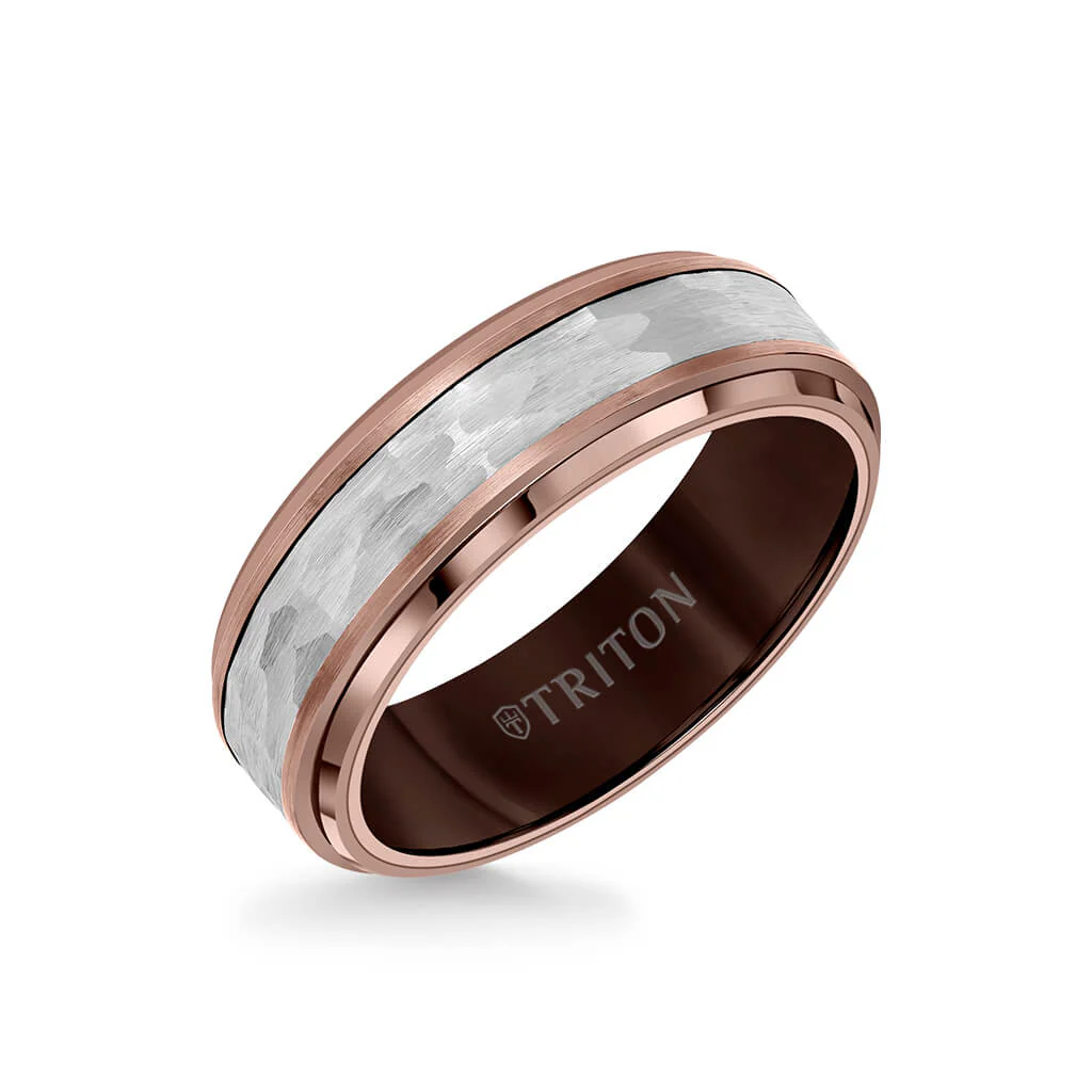 7MM Espresso Tungsten Carbide Ring - Hammered Center and Step Edge - Image 6