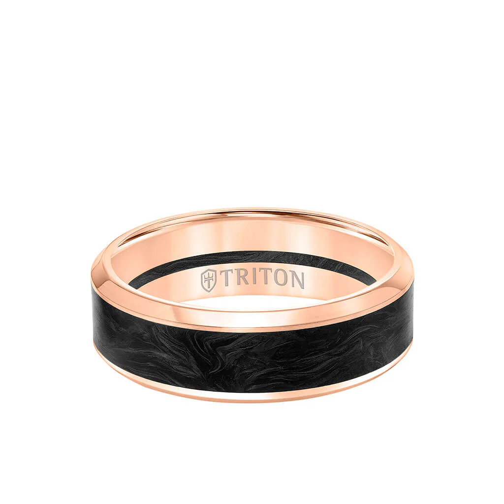 7MM 14K Gold Ring + Forged Carbon - Channel Center & Bevel Edge - Image 3