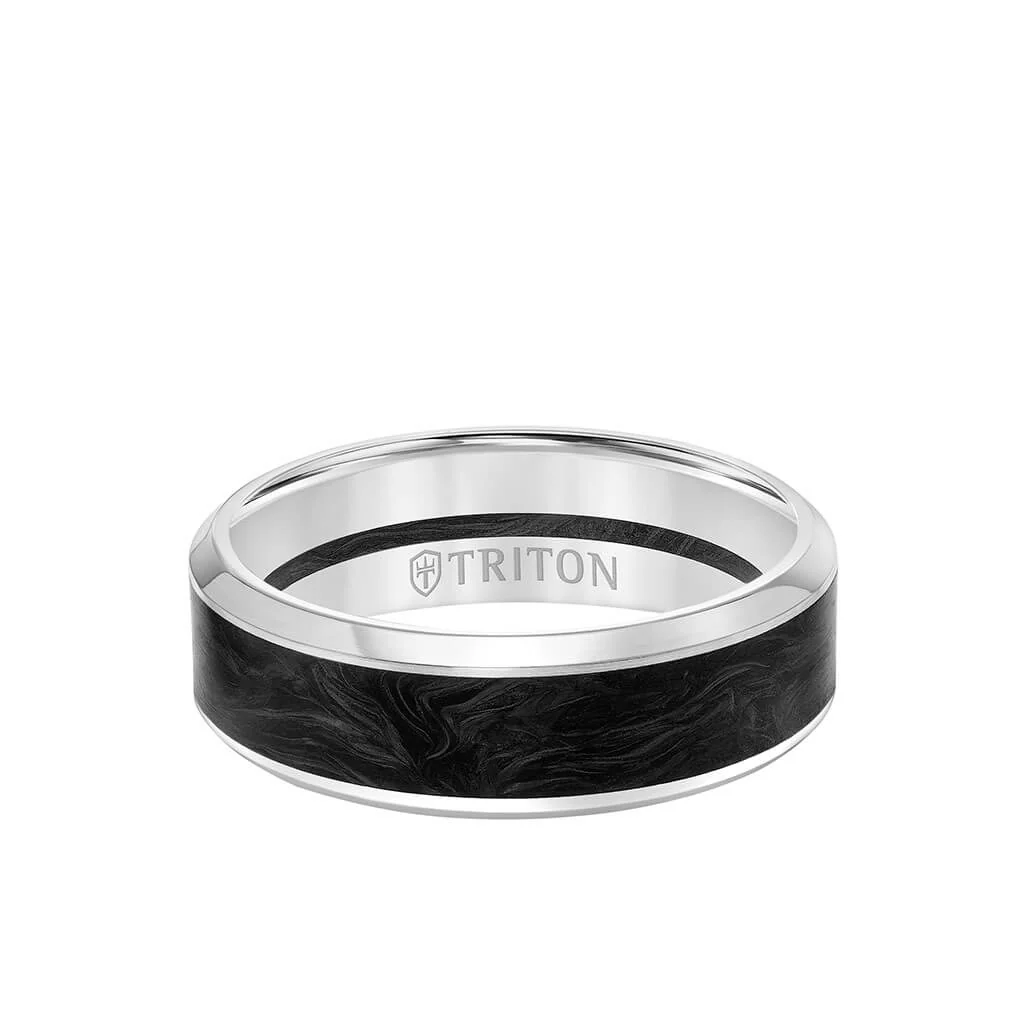7MM 14K Gold Ring + Forged Carbon - Channel Center & Bevel Edge - Image 5