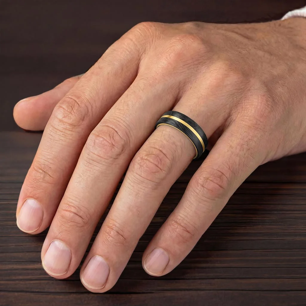 7MM 14K Gold Ring + Forged Carbon - Flat Profile and Center Channel - Image 2