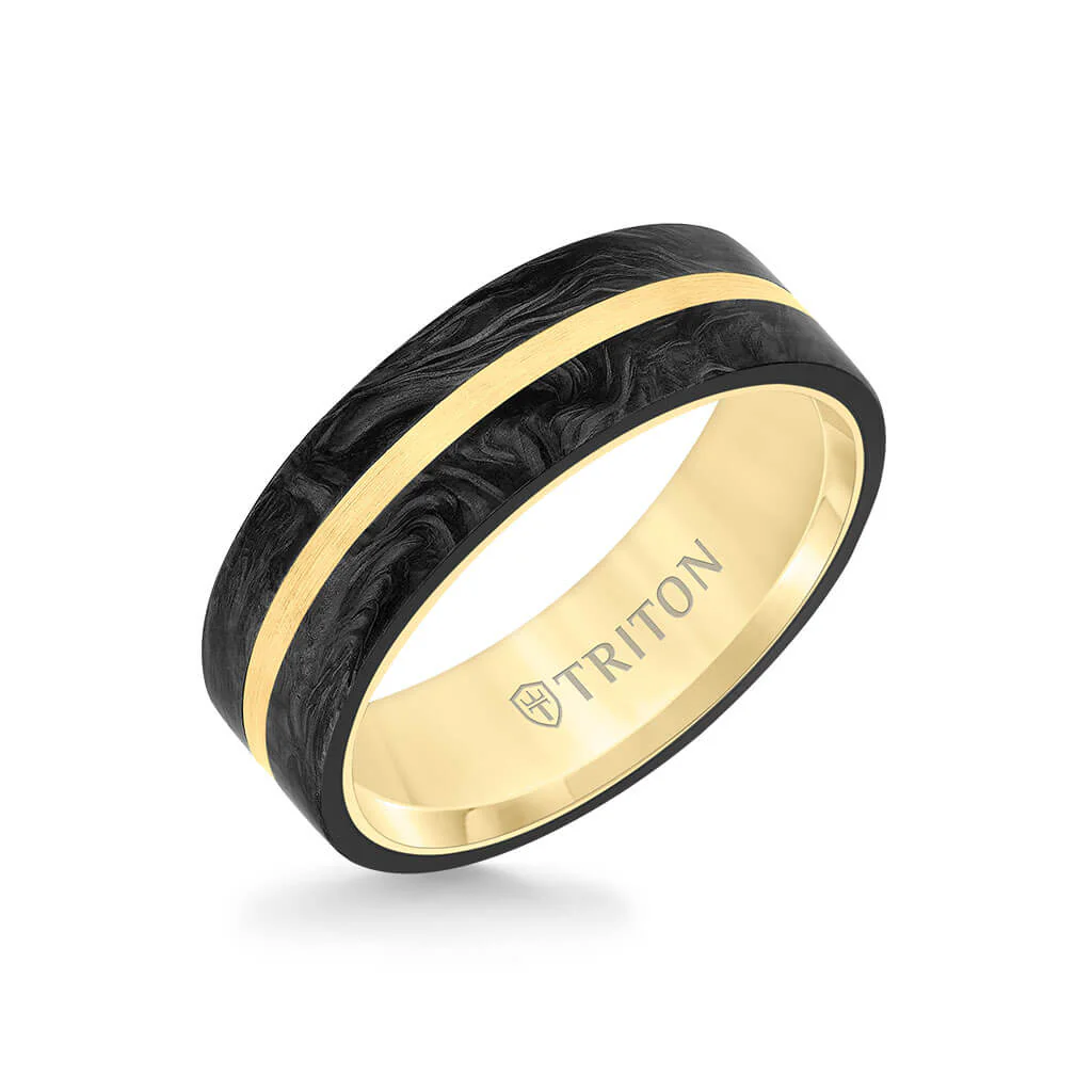 7MM 14K Gold Ring + Forged Carbon - Flat Profile and Center Channel - Image 3
